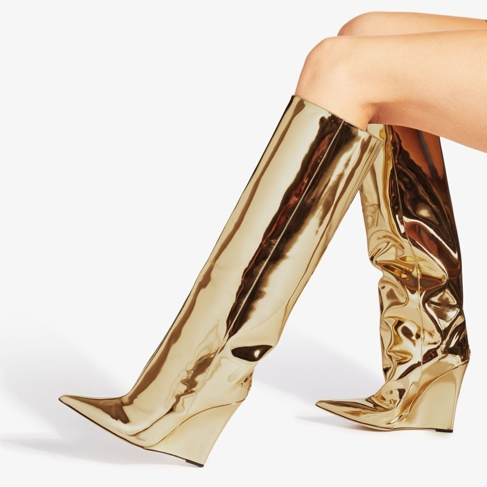 Jimmy Choo Blake Gold Metallic Leather Wedge Knee-High Boots